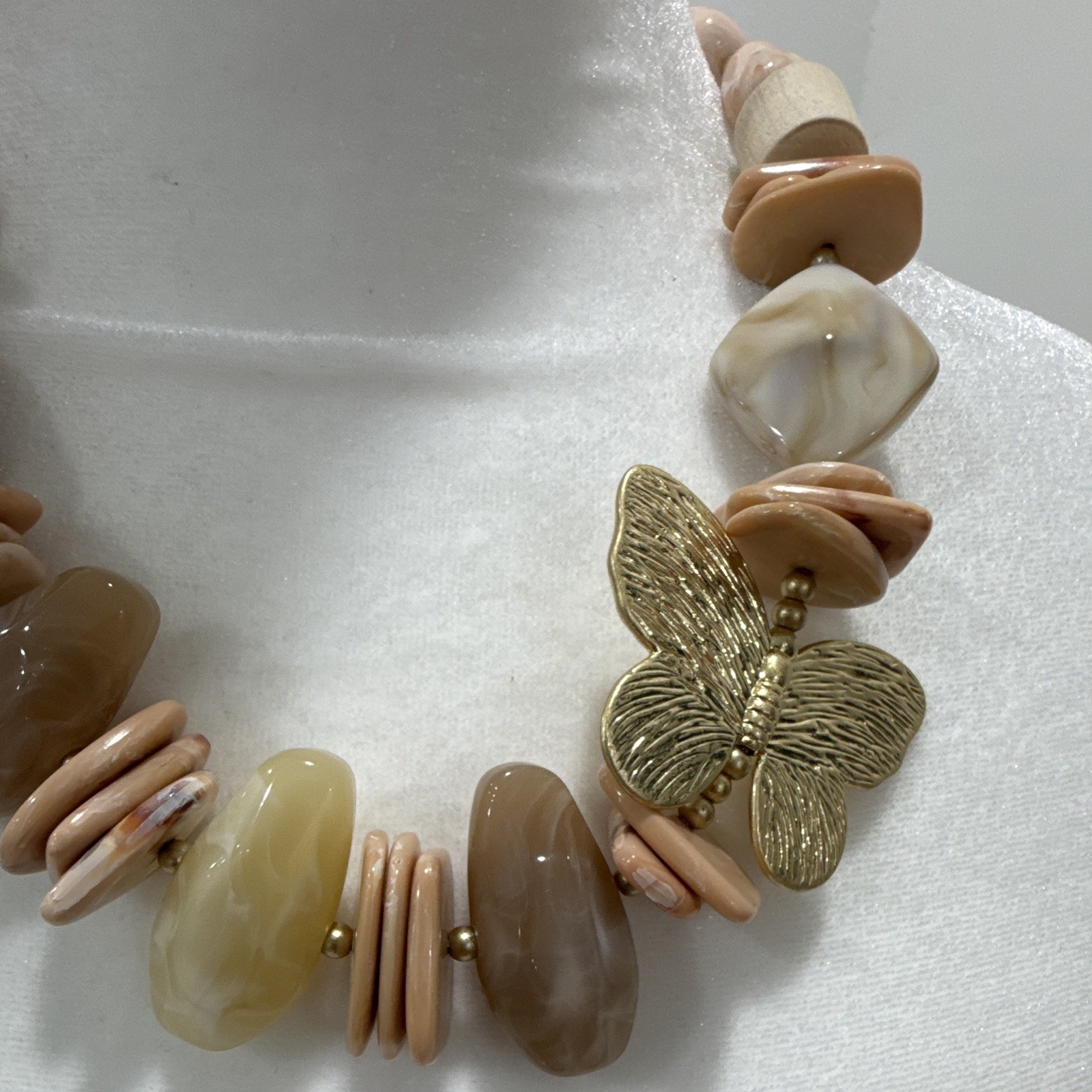 Beaded Statement Necklace Butterfly Charm Pendant Pink Brown Gold Adjustable