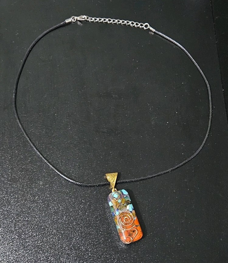 Multicolor Resin & Stone Rectangle Charm Pendant Necklace, Adjustable Cord