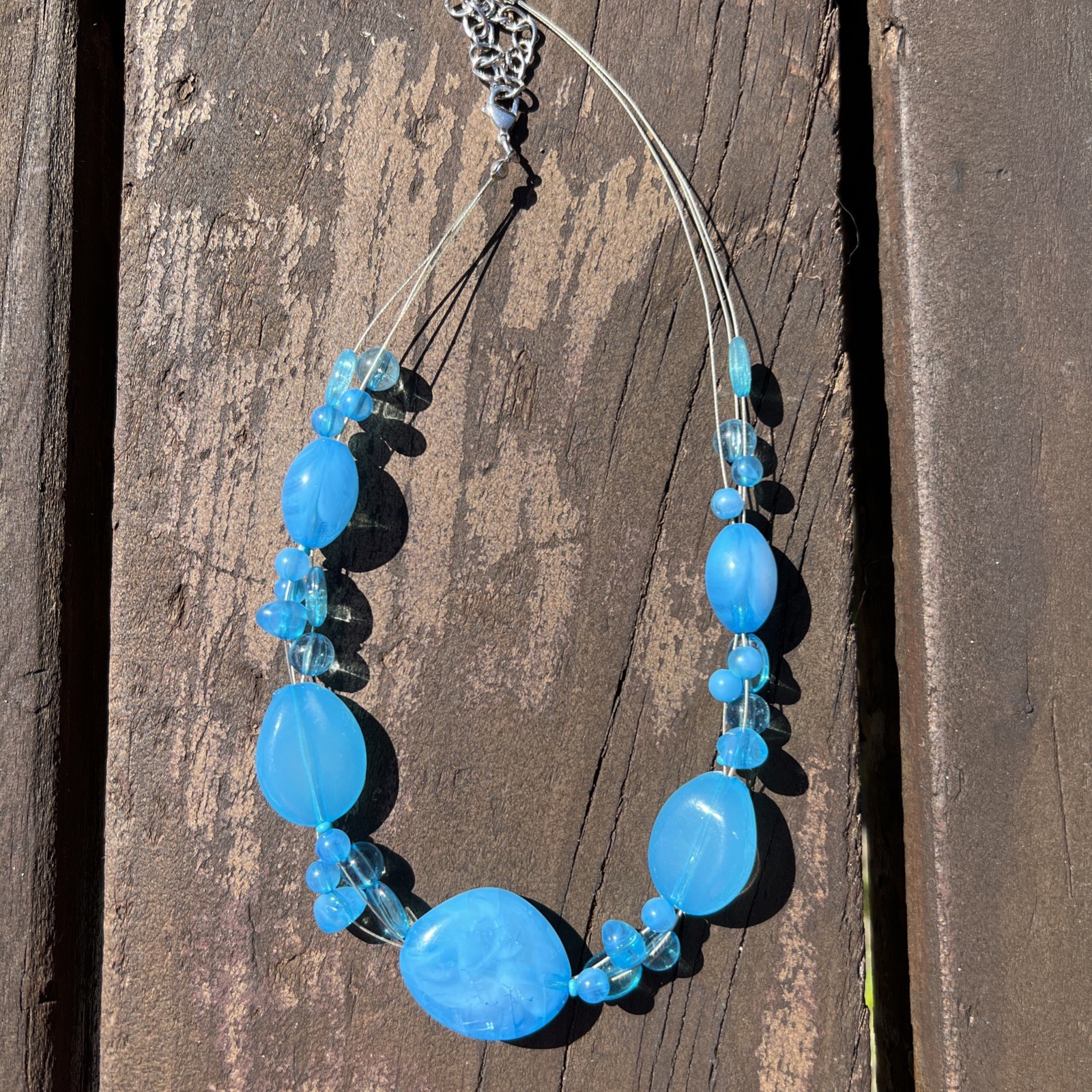 Three Metal Stranded Beaded Blues Plastic & Glass Beads Necklace