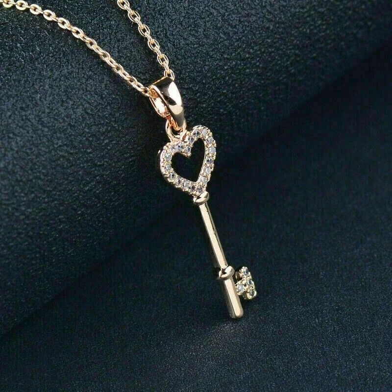 Stunning Key Shape Pendant Round Cut Simulated Diamond In 14K Yellow Gold Plated
