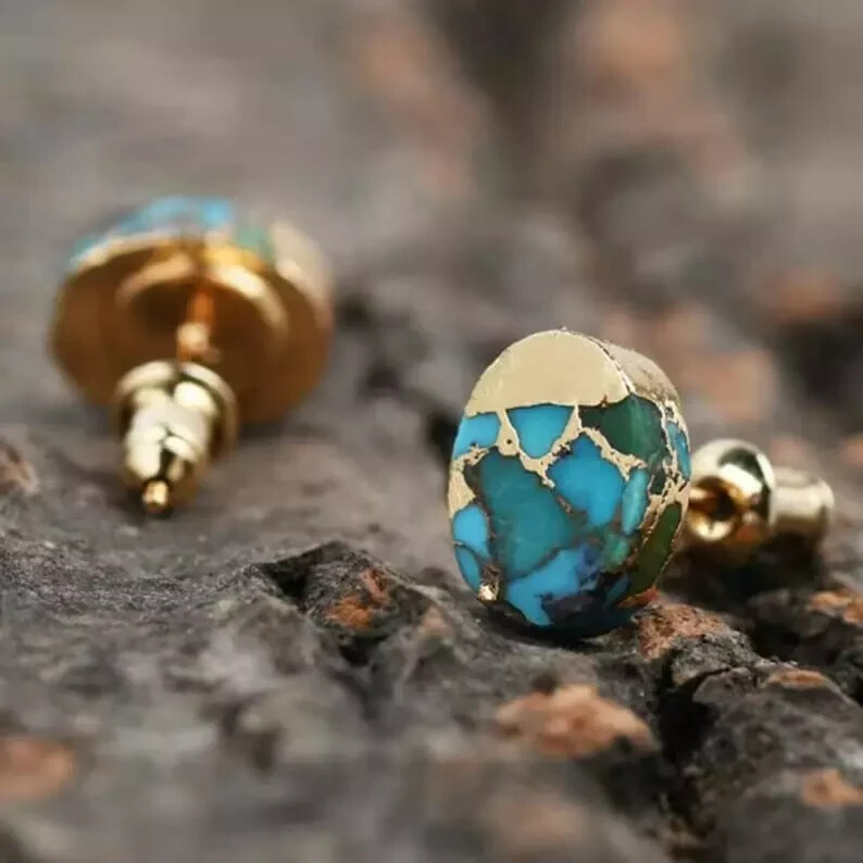 Handmade Natural Turquoise Stud Earrings Blue Gemstone Gold Plated Jewelry Gift