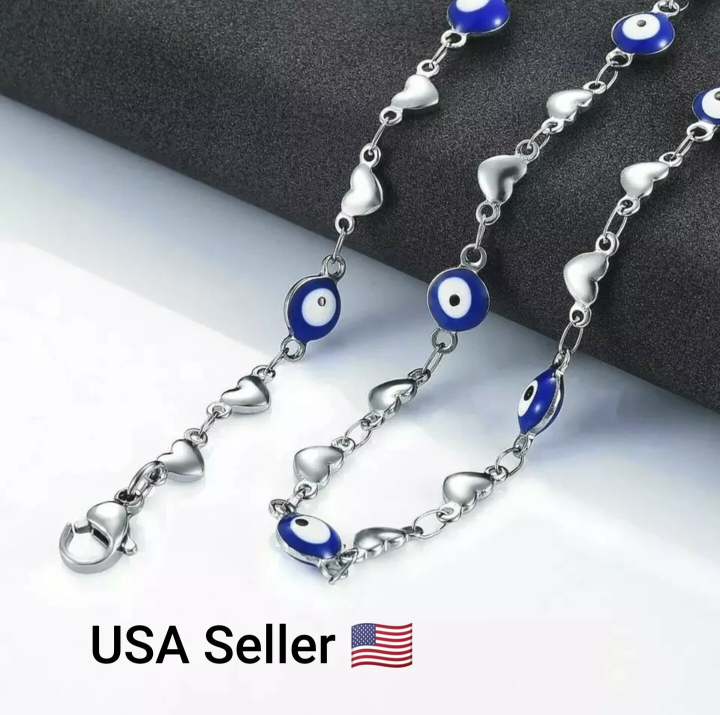 6mm Stainless Steel Chain Beads Heat Shape Charm Bracelet Women Evil Eye Chain