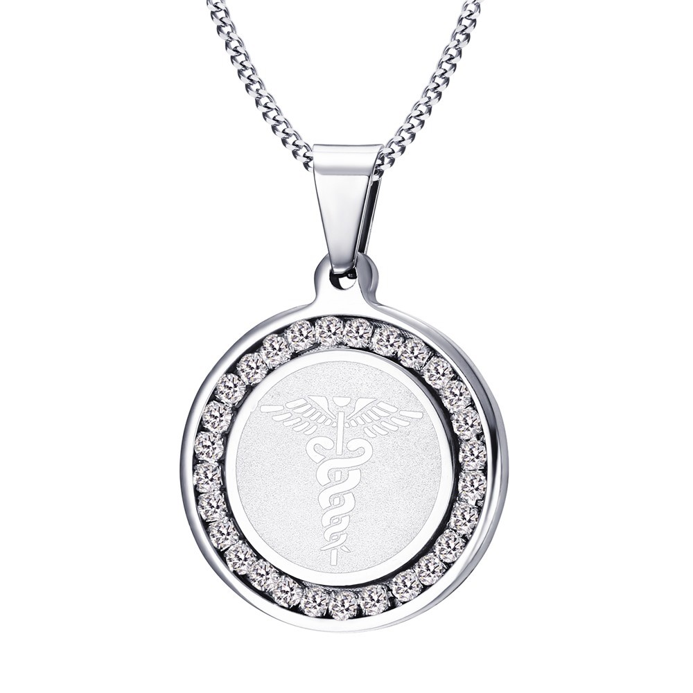 Silver Women Men Medical Alert ID Necklace Pendant Cubic Zirconia Free Engraving