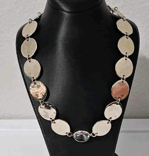 Chicos Gold Disc Statement Necklace Layered Coin Rhinestone Crystal Multi Strand