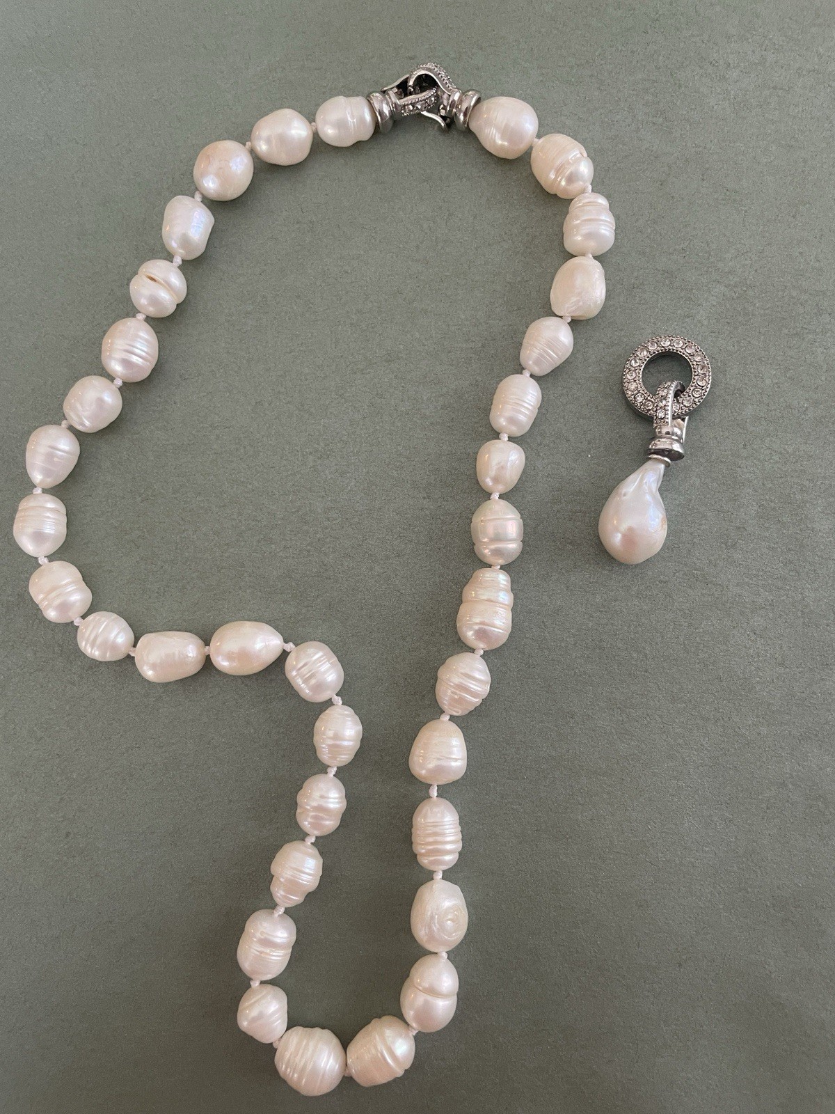 Baroque White Natural Pearl Lariat Necklace Removable Clasp Teardrop Pendant