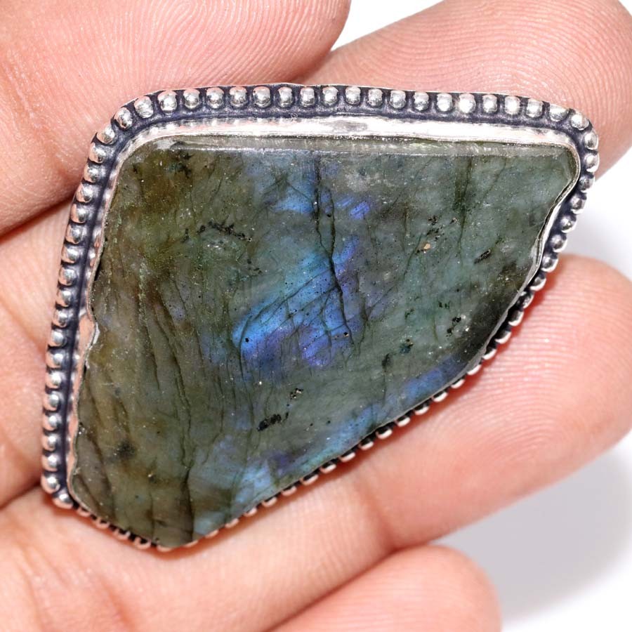 925 Silver Plated Fiery Labradorite Rough Ring US 11 Everyday Wear Design GW