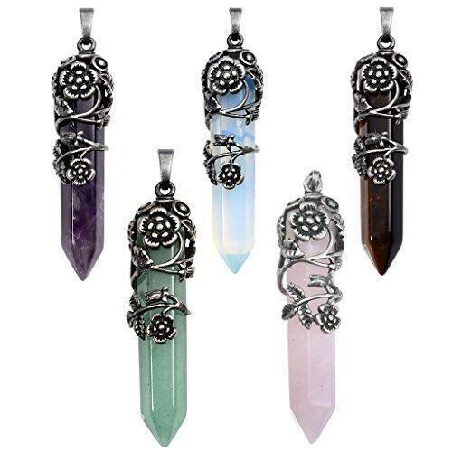 Antique Silver Flower Wrapped Natural Quartz Gemstone Healing Crystal Necklace