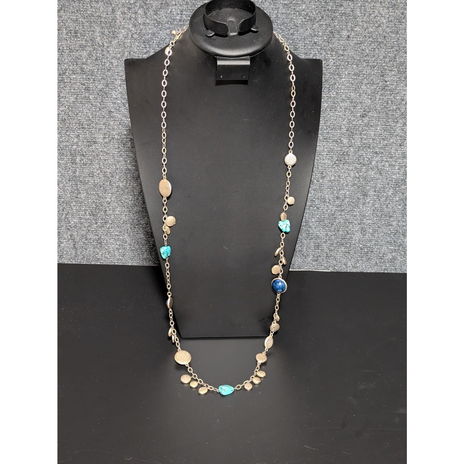 Chico’s Signed Gold Tone Necklace With Faux Turquoise & Blue Cabochons