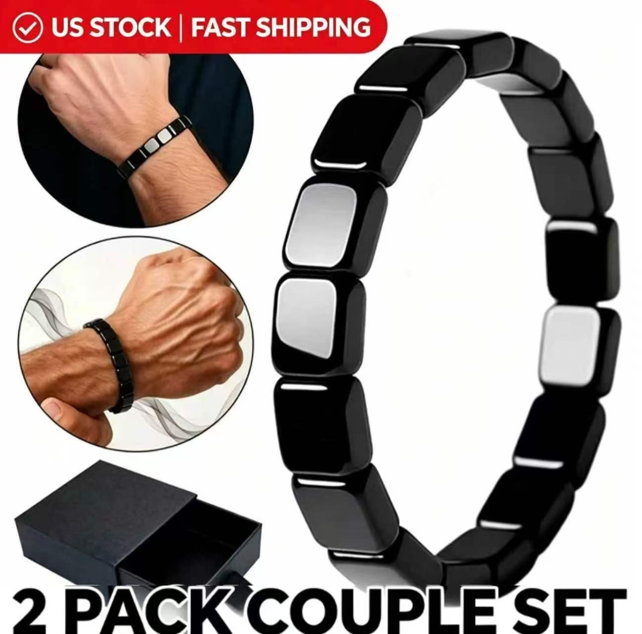 Hemys Hematite Bracelet for Men, 2pcs New Hemios bracelet Male Energy Jewelry US