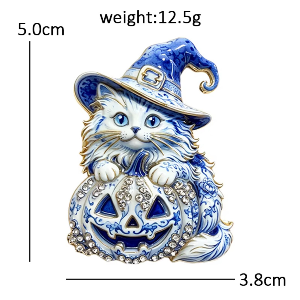 Blue White Halloween Witch Cat Pumpkin Flower Brooch Pin Gold Rhinestone Jewelry