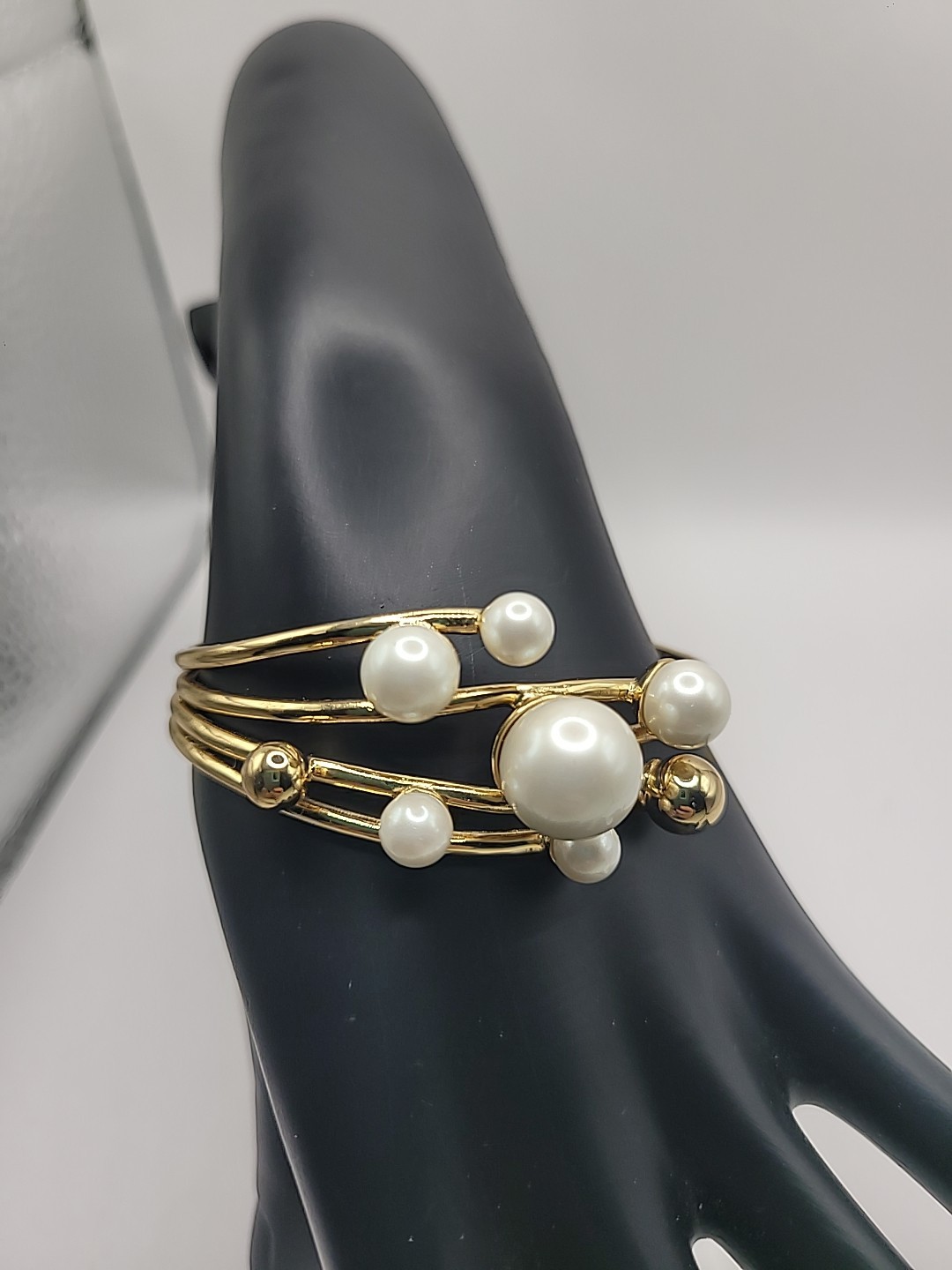Gold Tone Faux Pearl Cuff Bracelet Multi Strand Open Bangle Statement Elegant