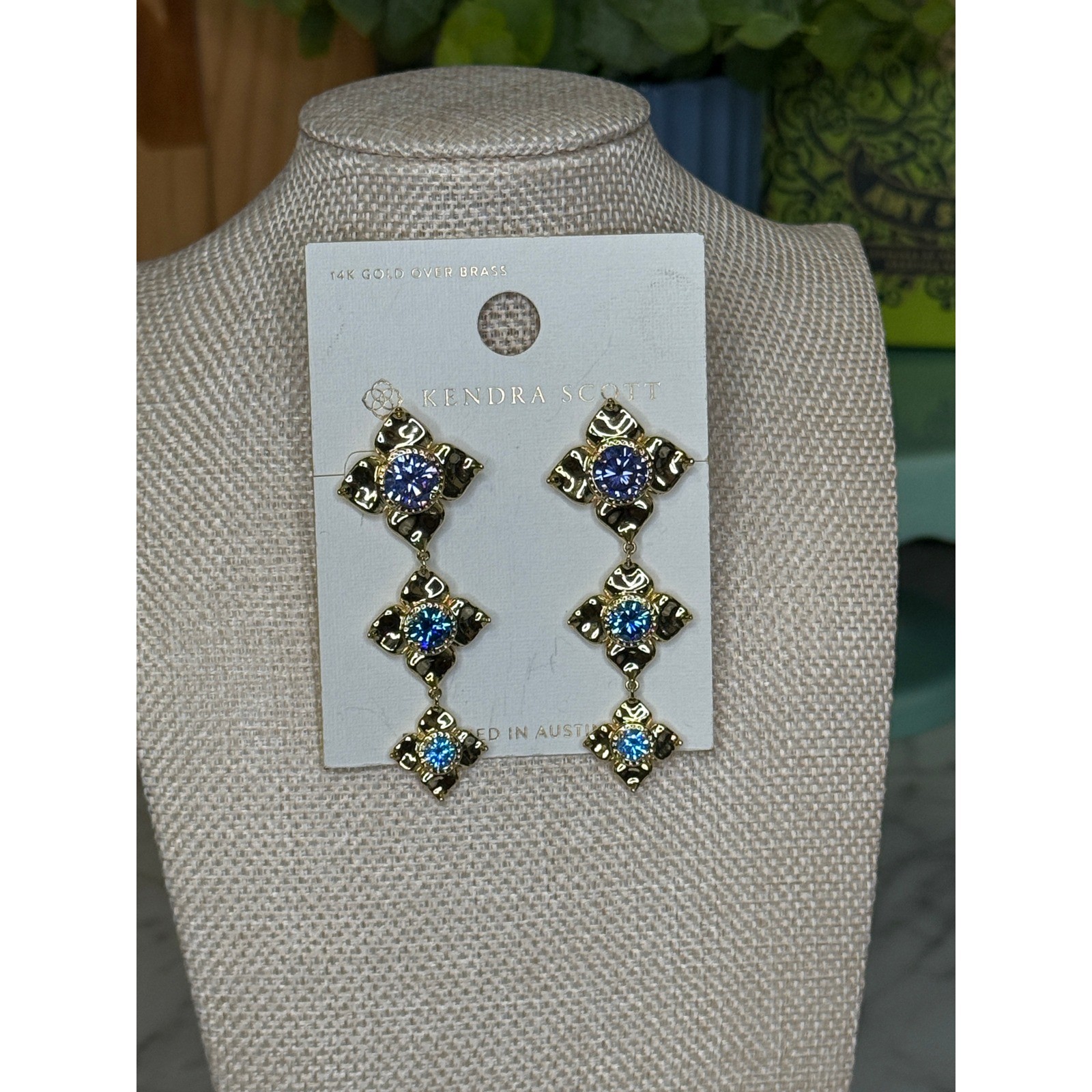 Kendra Scott Womens Drop Earrings Gold Blue Purple Floral Statement Wedding OS
