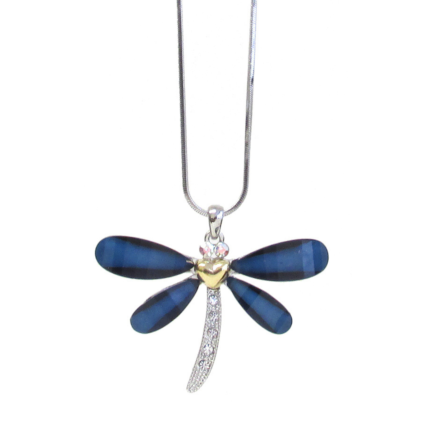Blue Crystal Dragonfly Pendant Necklace White Gold