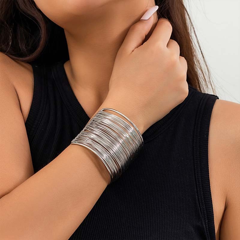 Wide Wire Cuff Bracelet Women Gold Tone Open Bangle Layered Metal Fashion Jewelr