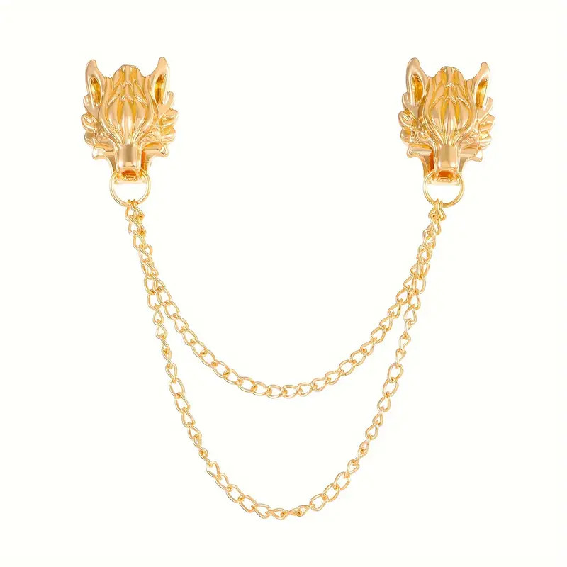 Wolf Head Brooch Chain Retro Tassel Suit Pin Clothing Accessories Gothic