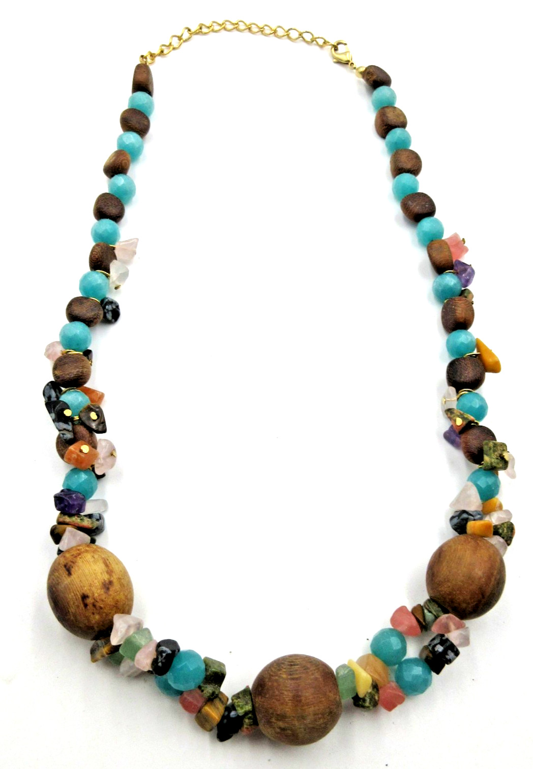 MODERN 21.5″ Colorful pink blue purple gold tone brown wood bead strand Necklace