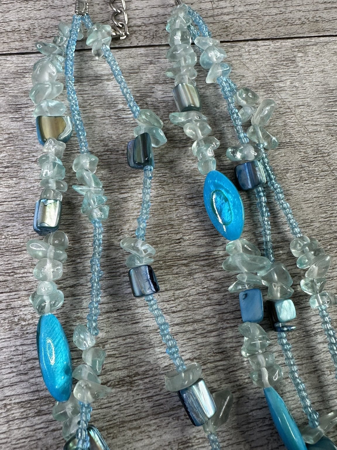 Multi-Strand Bib Necklace 18-20″ Adjustable Blue Turquoise Glass Shell Beads