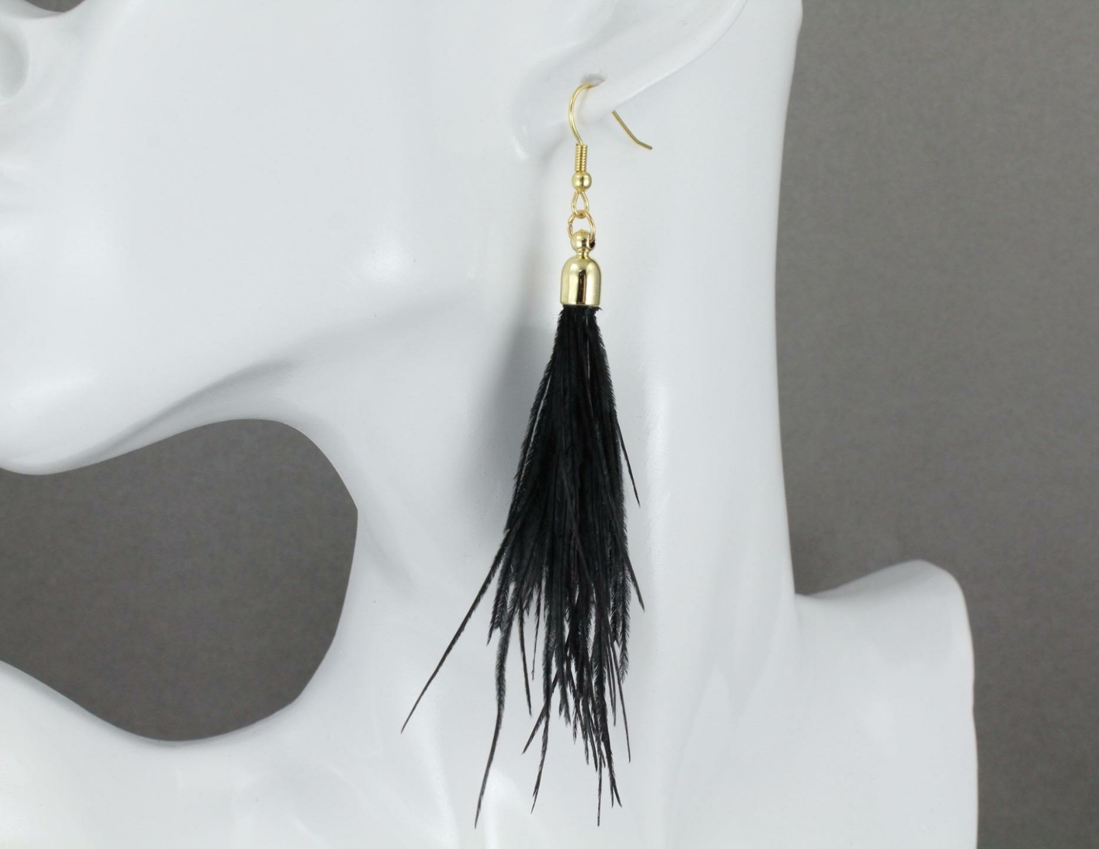 Black feather earrings dangle 4″ long lightweight shoulder duster tassel fringe