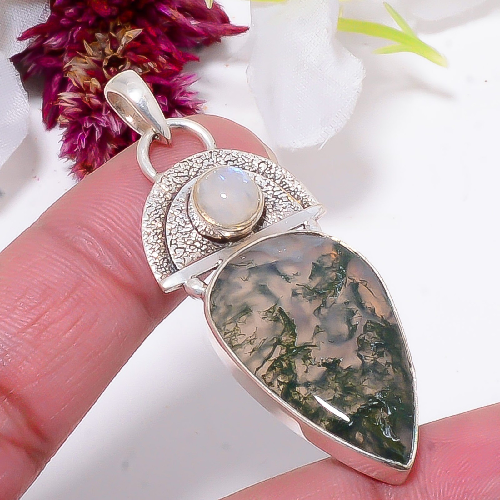 Moss Agate – India & Rainbow Moonstone 925 Sterling Silver Pendant 2.15″ Sku29