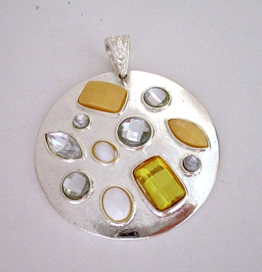 Metal Pendant Silver Tone with Rhinestones & Acrylic Stones Round 2.5″