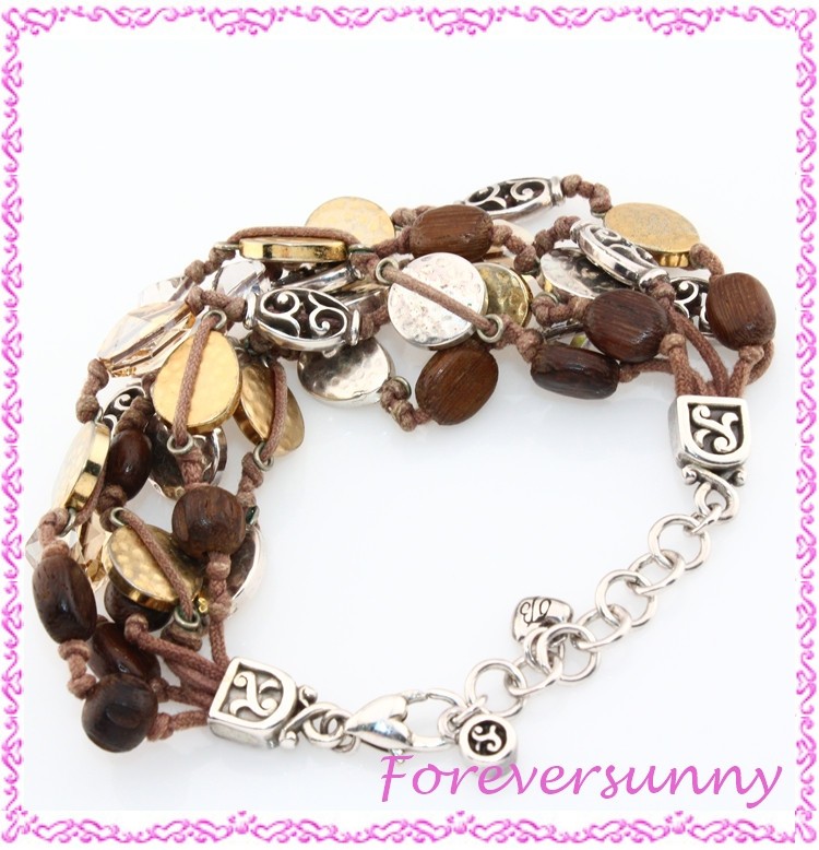 Brighton Riviera Brushed Gold Brown Multi Strand Corded SIlver Beaded Bracelet