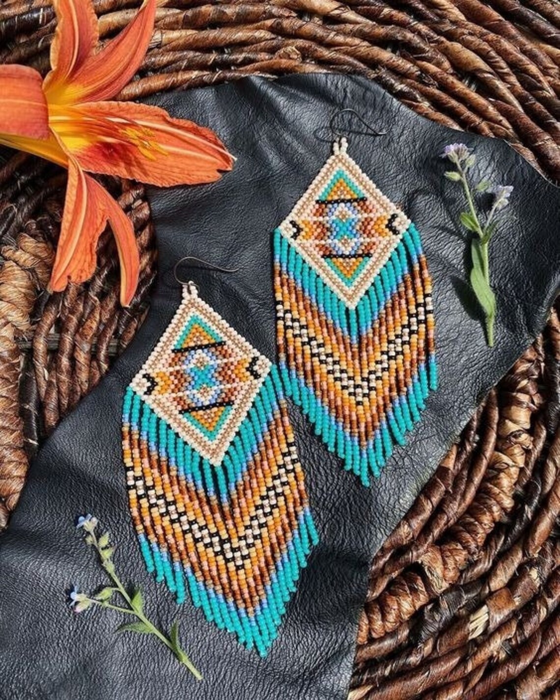 Tribal Earrings Native Large Boho American Seed Beads Handmade Earring