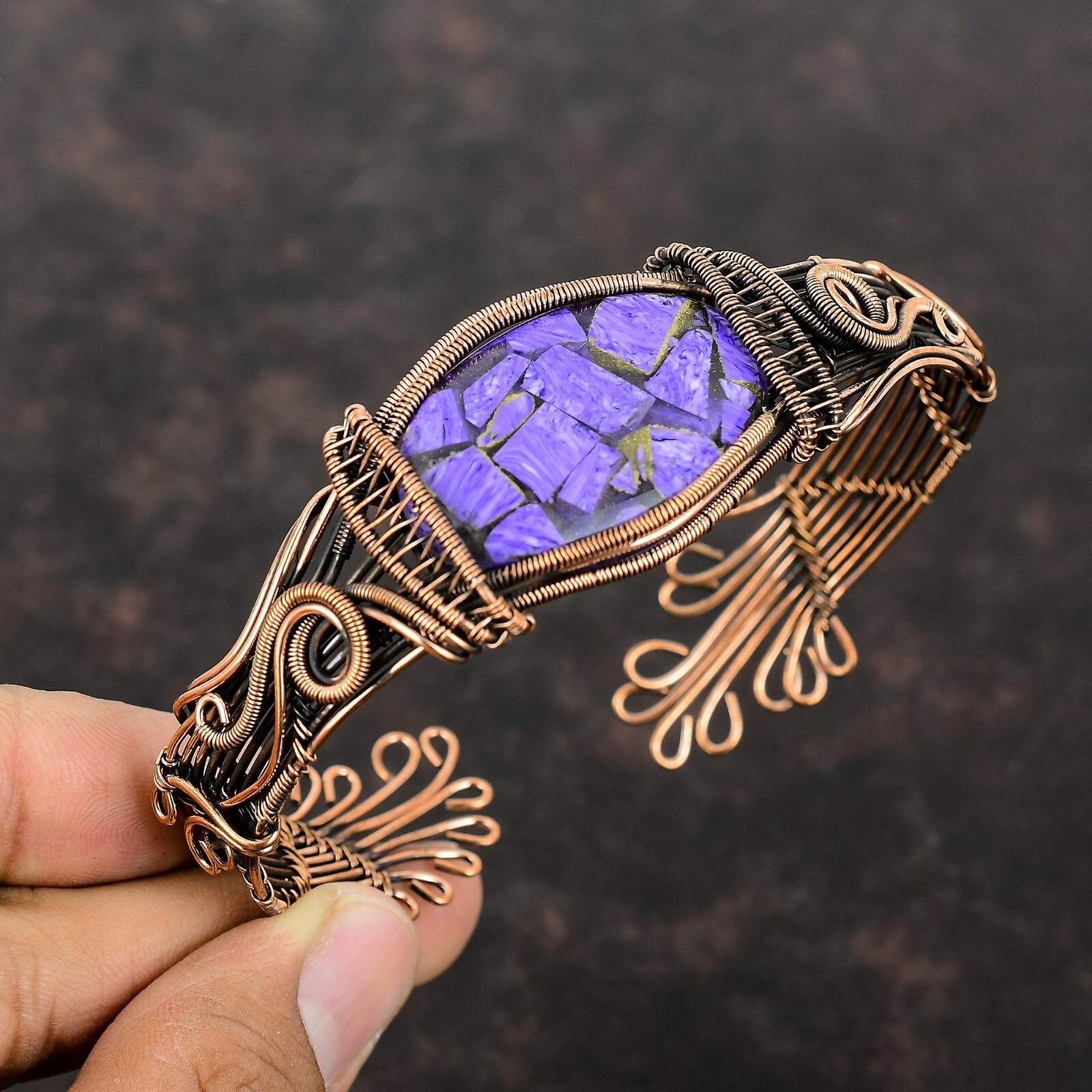 Gift For Her Russian Charoite Wire Wrapped Adjustable Cuff Copper Jewelry