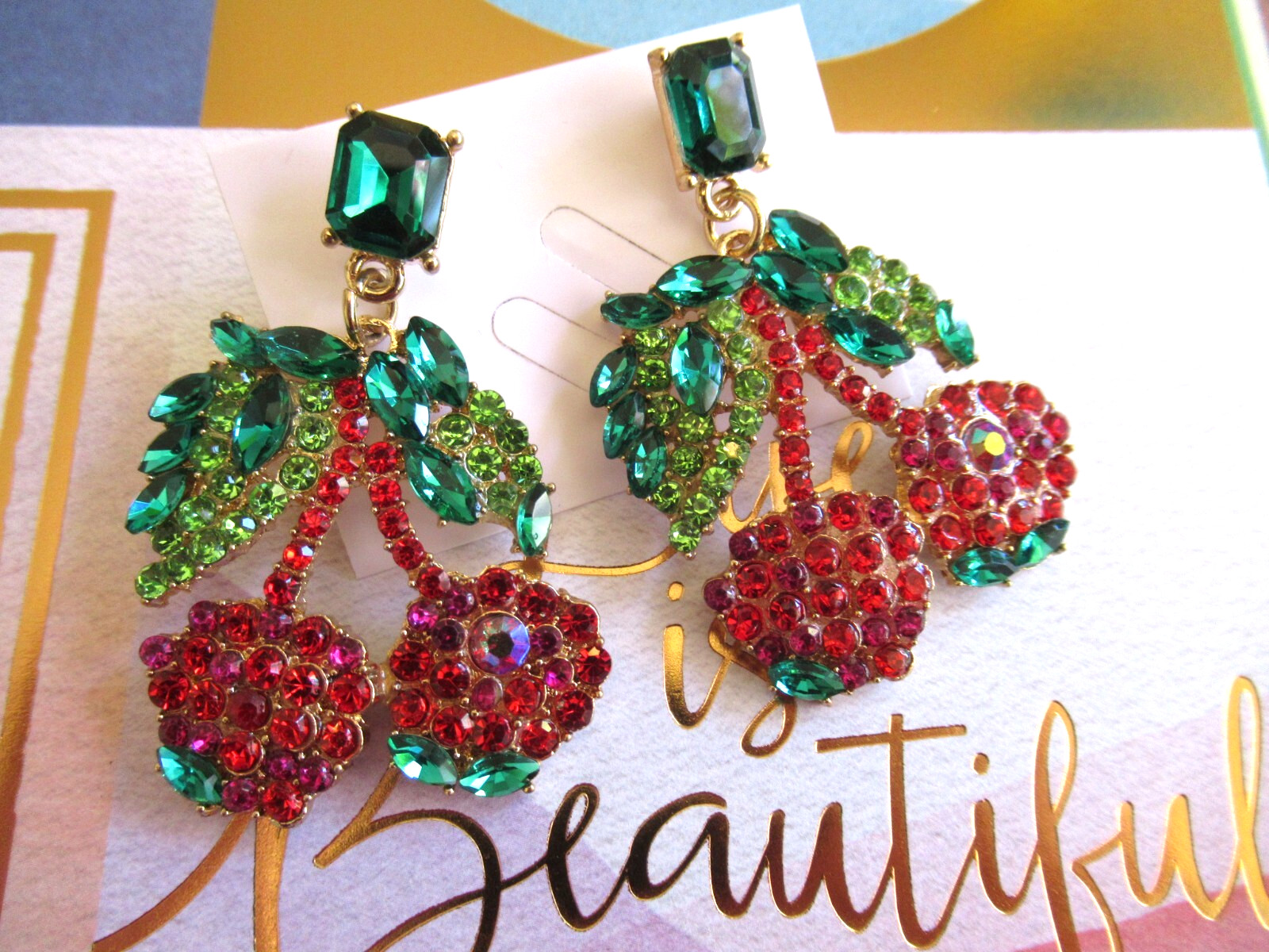 SWEET STRAWBERRY OR CHERRY Rhinestone Strawberries or Cherries Dangle Earrings