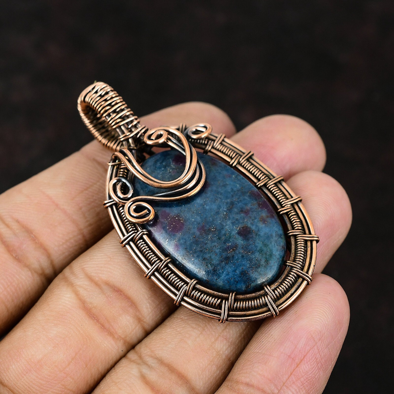 Ruby In Blue Kyanite Gemstone Wire Wrapped Pendant Copper Jewelry For Girls 2.4″