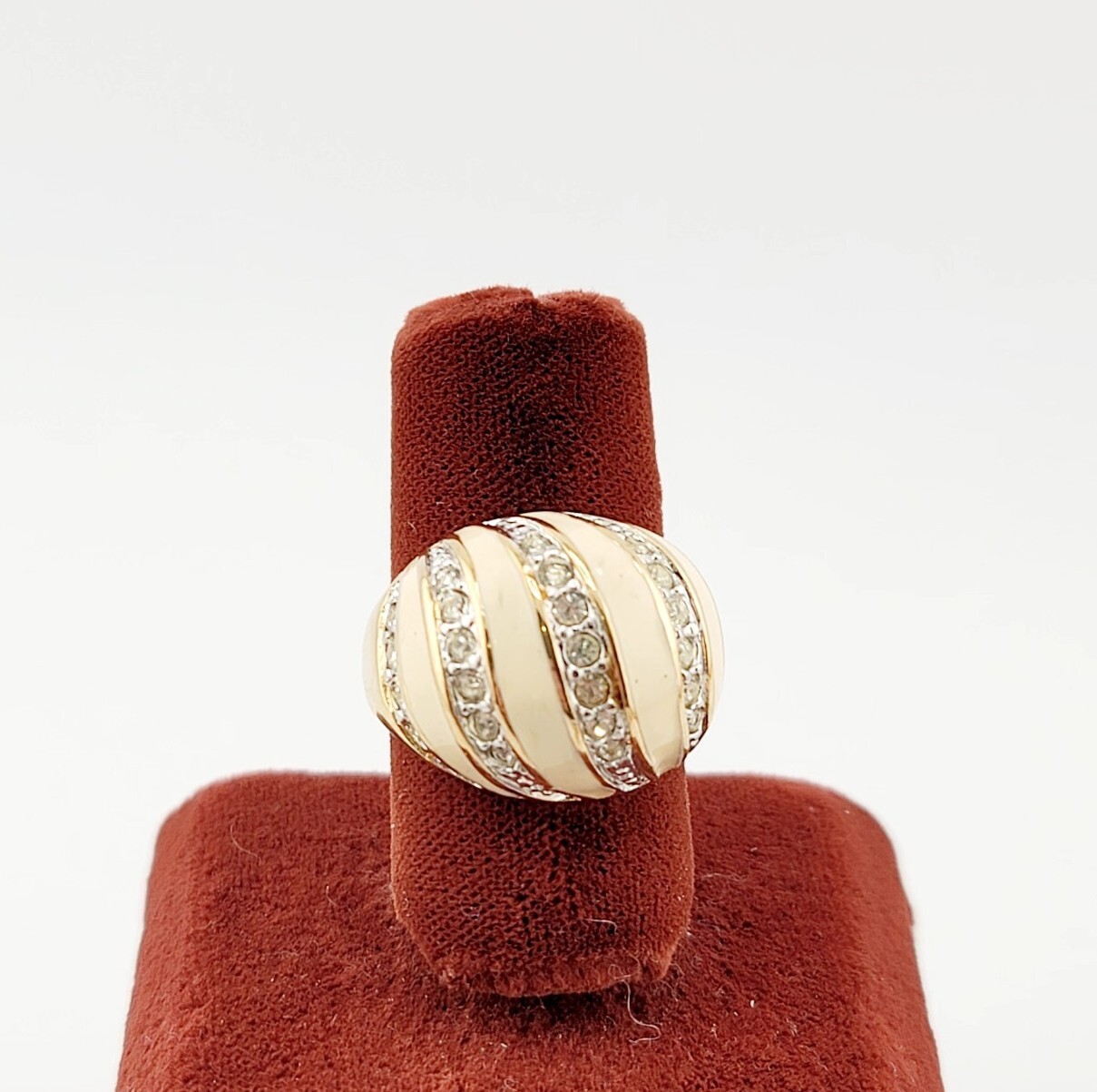 Vtg Ring Sz 7 Cream Enamel Dome Domed Bubble Rhinestones Jewelry 18KGE S#3