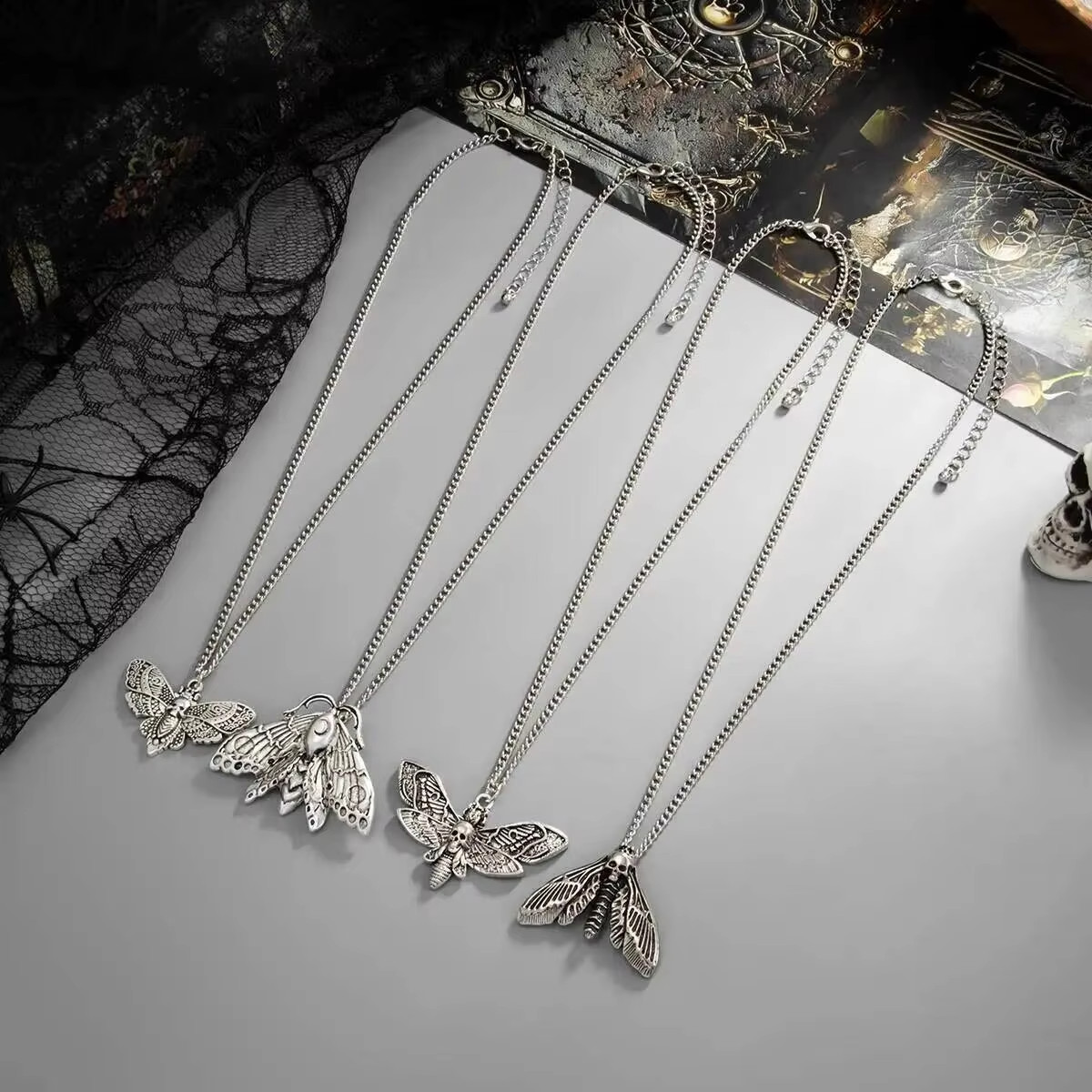 4PCS Gothic Skull Butterfly Pendant Necklace Set Silver Tone Punk Chain Women