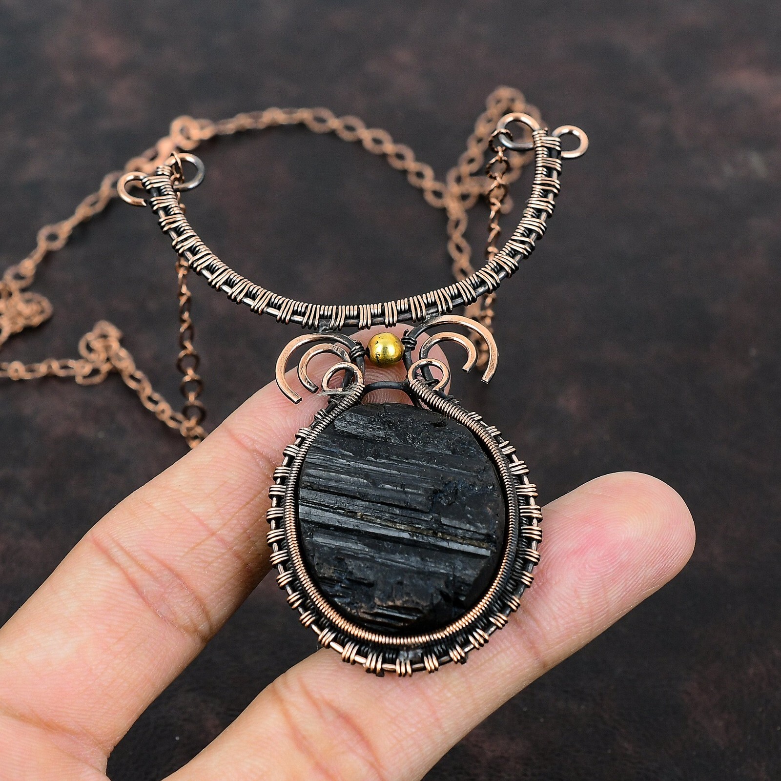 Black Tourmaline Rough Copper Gift For Bestie Wire Wrapped Adjustable 18.0″