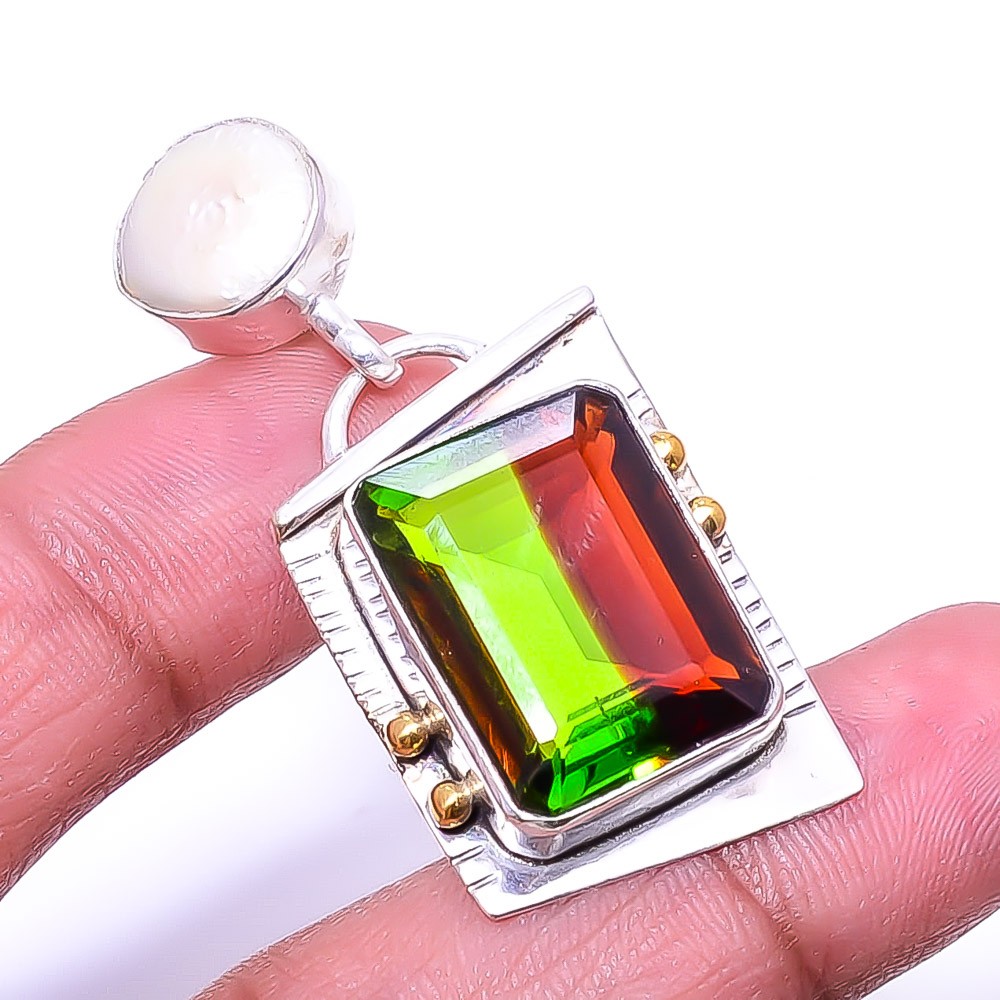 Bi-Colour Tourmaline & Biwa Pearl 925 Sterling Silver Two Tone Pendant 1.76″ P43