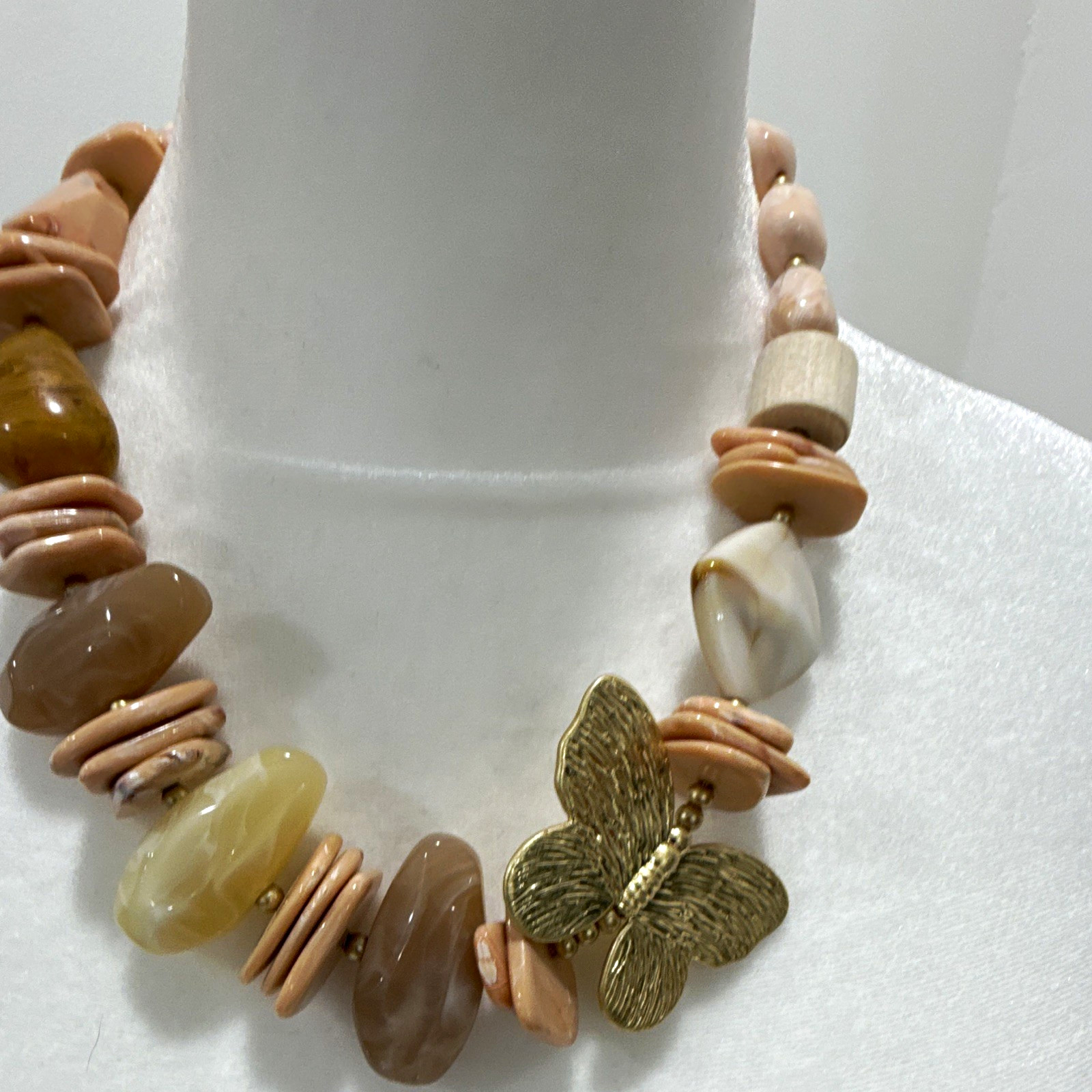 Beaded Statement Necklace Butterfly Charm Pendant Pink Brown Gold Adjustable