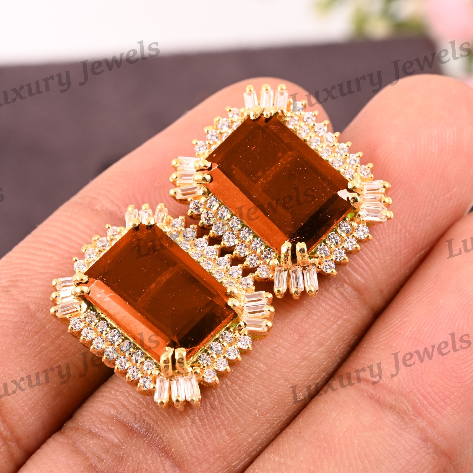 Brandy Citrine 925 Sterling Silver Earrings Natural Gemstone Stud Women