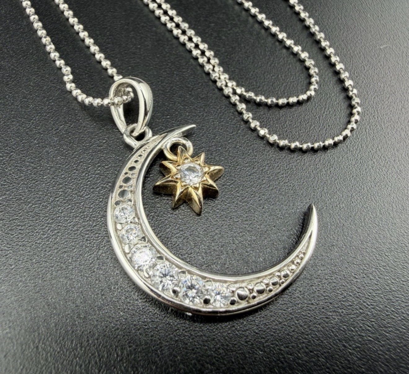 925 Sterling Silver Crescent Moon & Gold Star Pendant Bead Chain Necklace 18”
