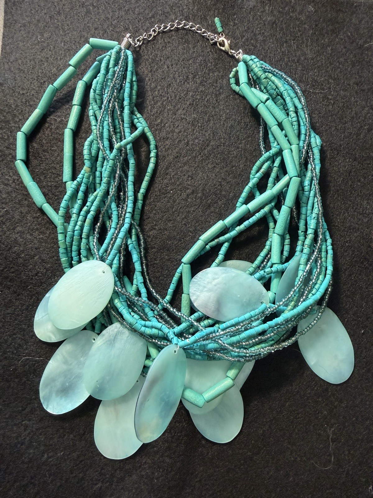 Boho Turquoise Multi Strand Shell Statement Necklace Coastal Resort Layered Bead