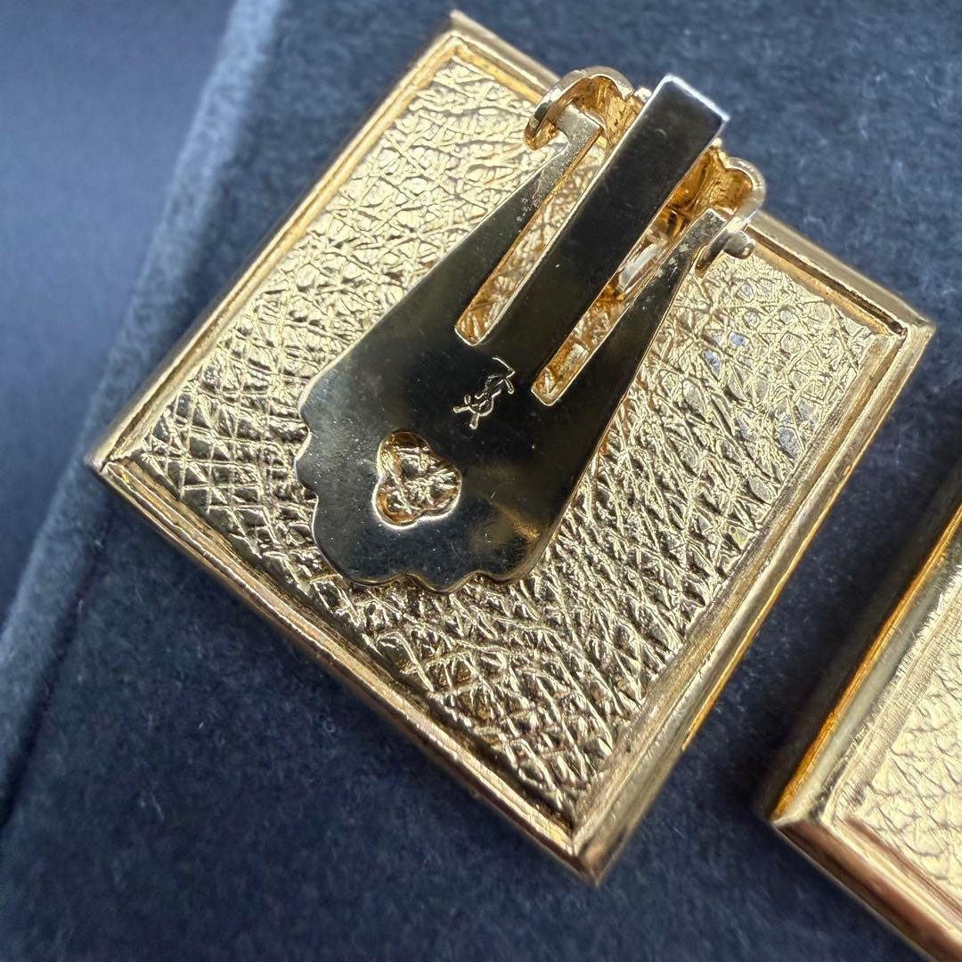 Yves Saint Laurent Earrings YSL Square Engraving Vintage Gold Tone From Japan