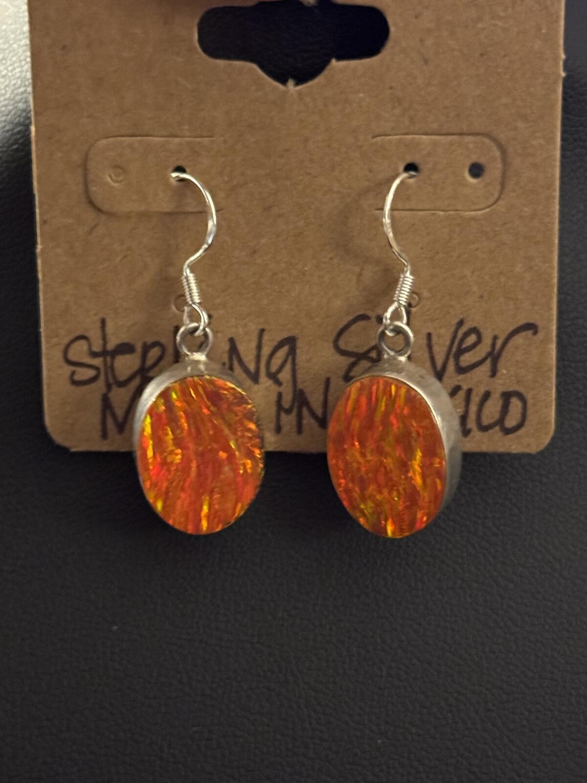 Vintage Mexico 925 Sterling Silver Orange Fire Aurora Opal Oval Dangle Earrings