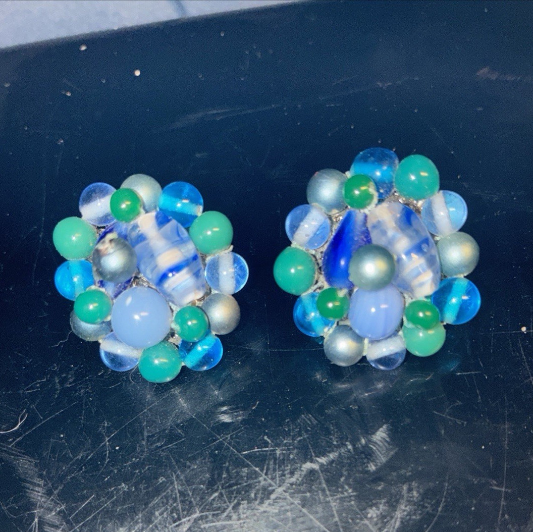 1950s Multicolor Glass Bead Cluster Clip-On Earrings, marked Japan