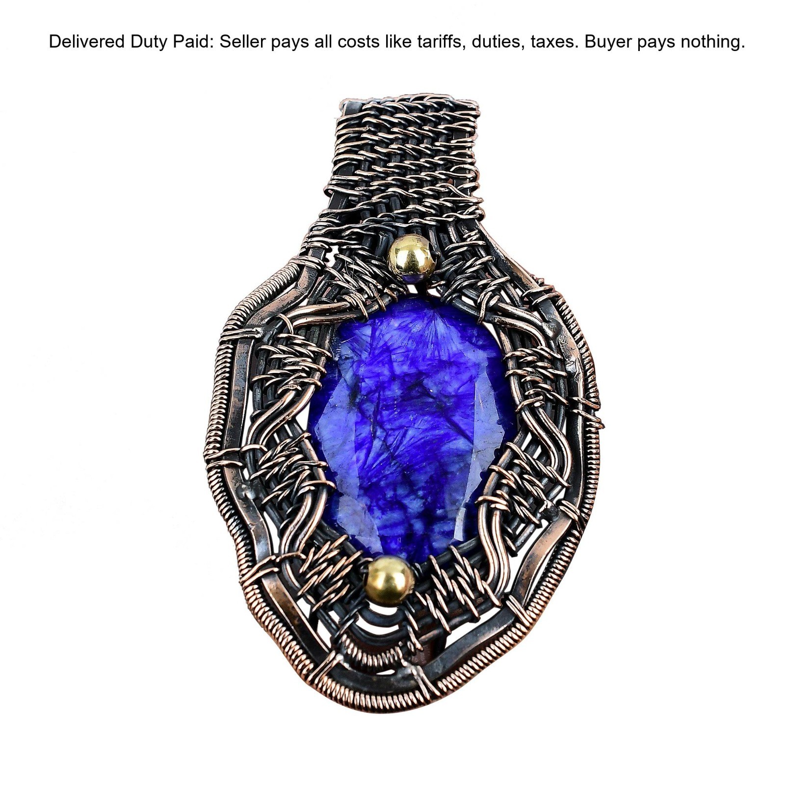 Oval Blue Saphire Gemstone Wedding Wire Wrapped Wife Boho Pendant Jewelry Copper
