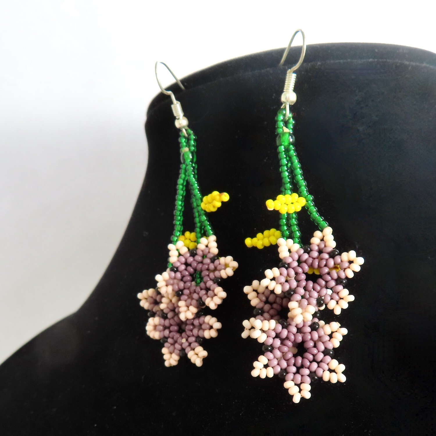 Beaded Dangle Earrings Pink Purple Flowers Huichol Handmade Mexican Folk Art