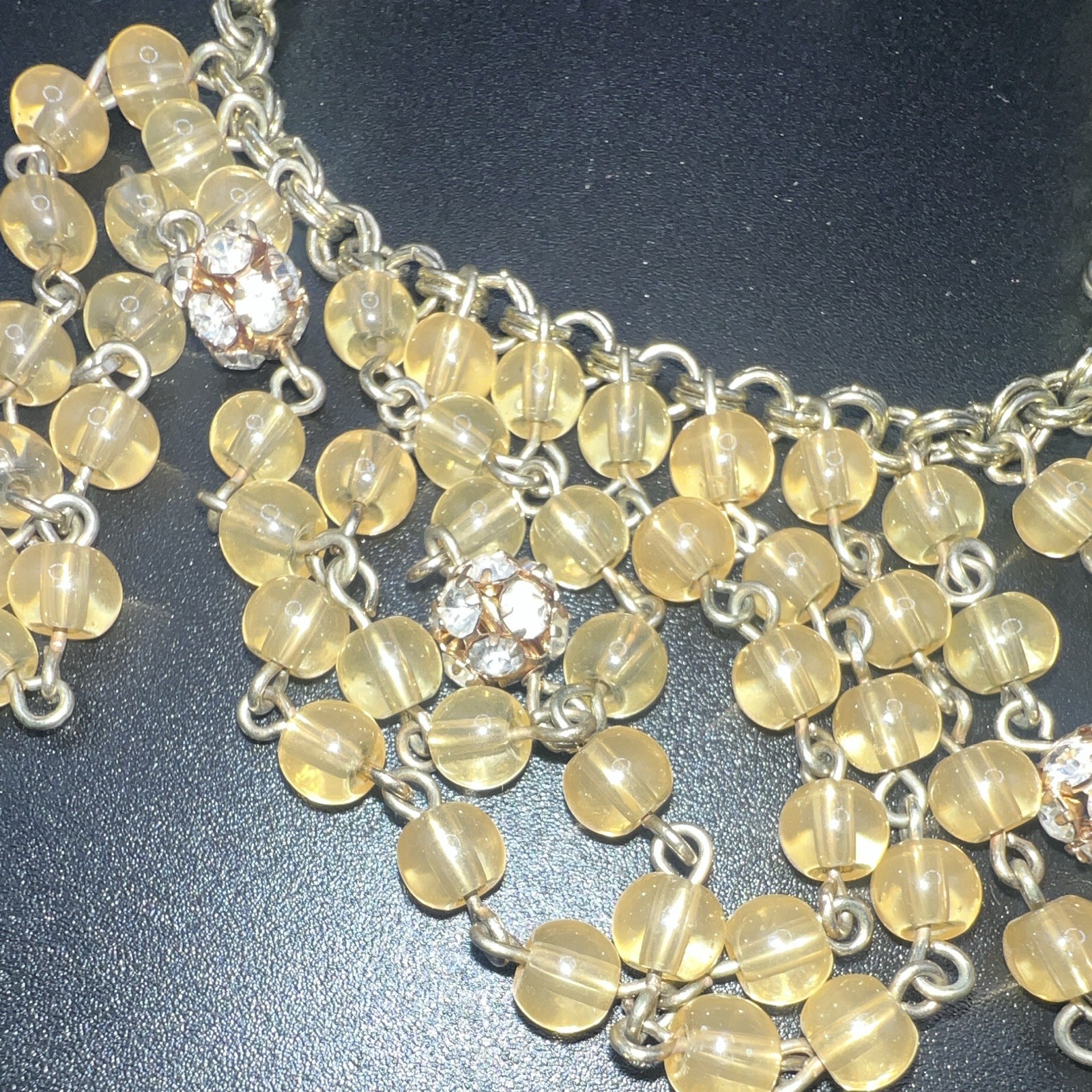 J Crew Gold Tone Bib Statement Necklace Amber Round Glass Beads Crystal Accents