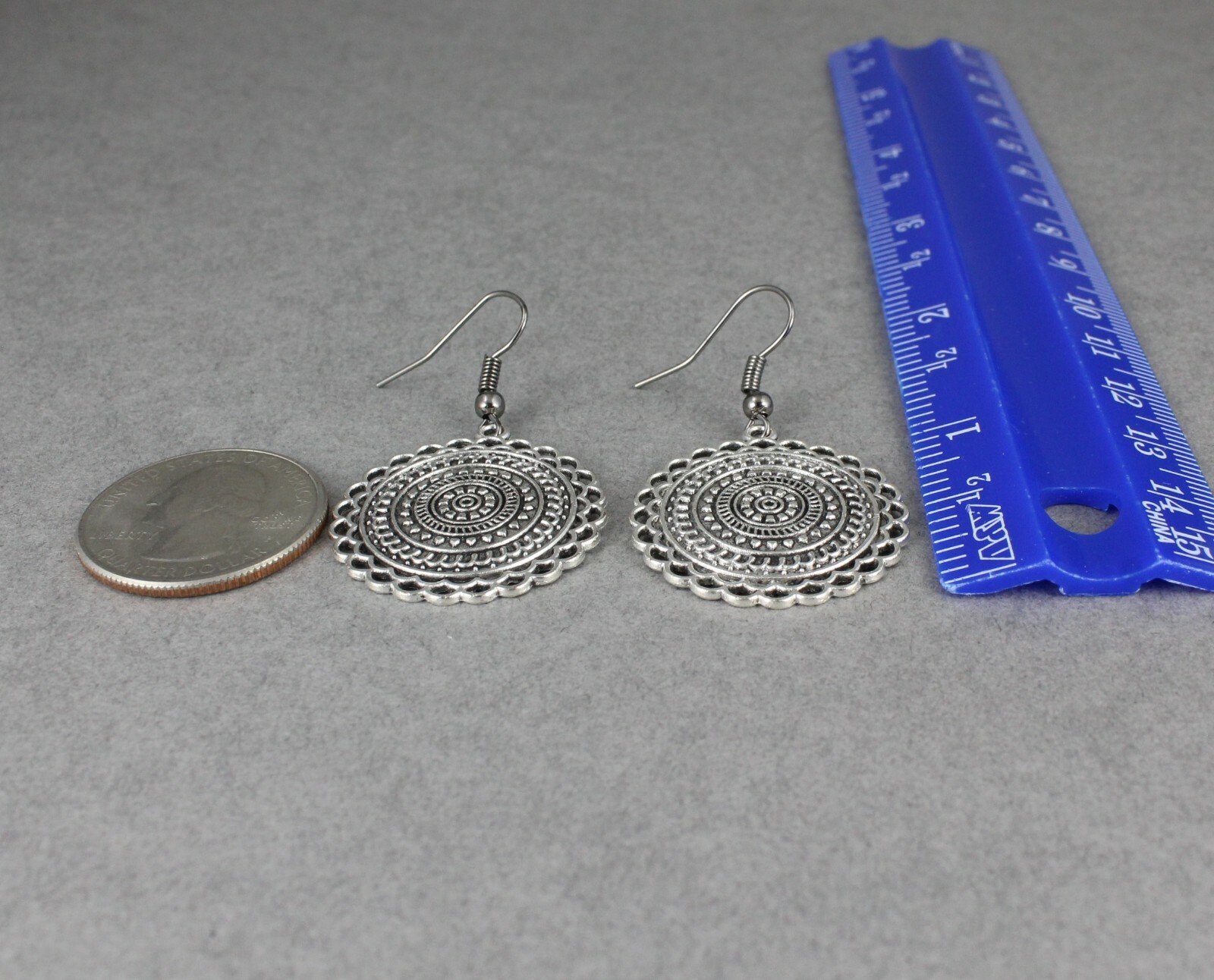 Silver stamped medallion dangle disc 1.75″ long earrings lightweight antiqued