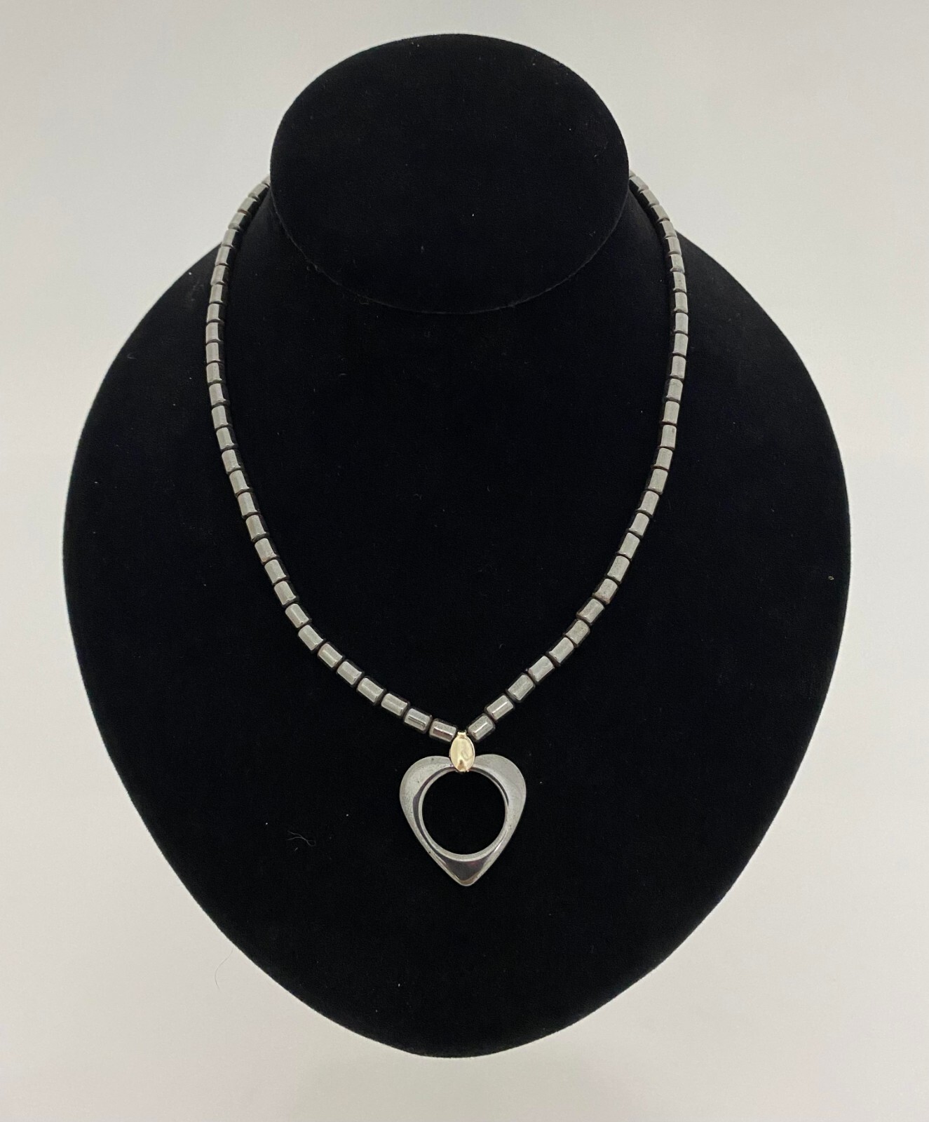 Natural Hematite Necklace w/ OPEN HEART Pendant 16″ Healing Focus Stability