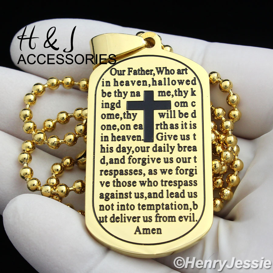 20″-30″MEN Stainless Steel Gold Plated Beads Chain Bible Verse DogTag Pendant*94