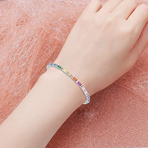 Colourful Rainbow Baguette Sparkling Simulated Gemstone Tennis Bracelet Silver