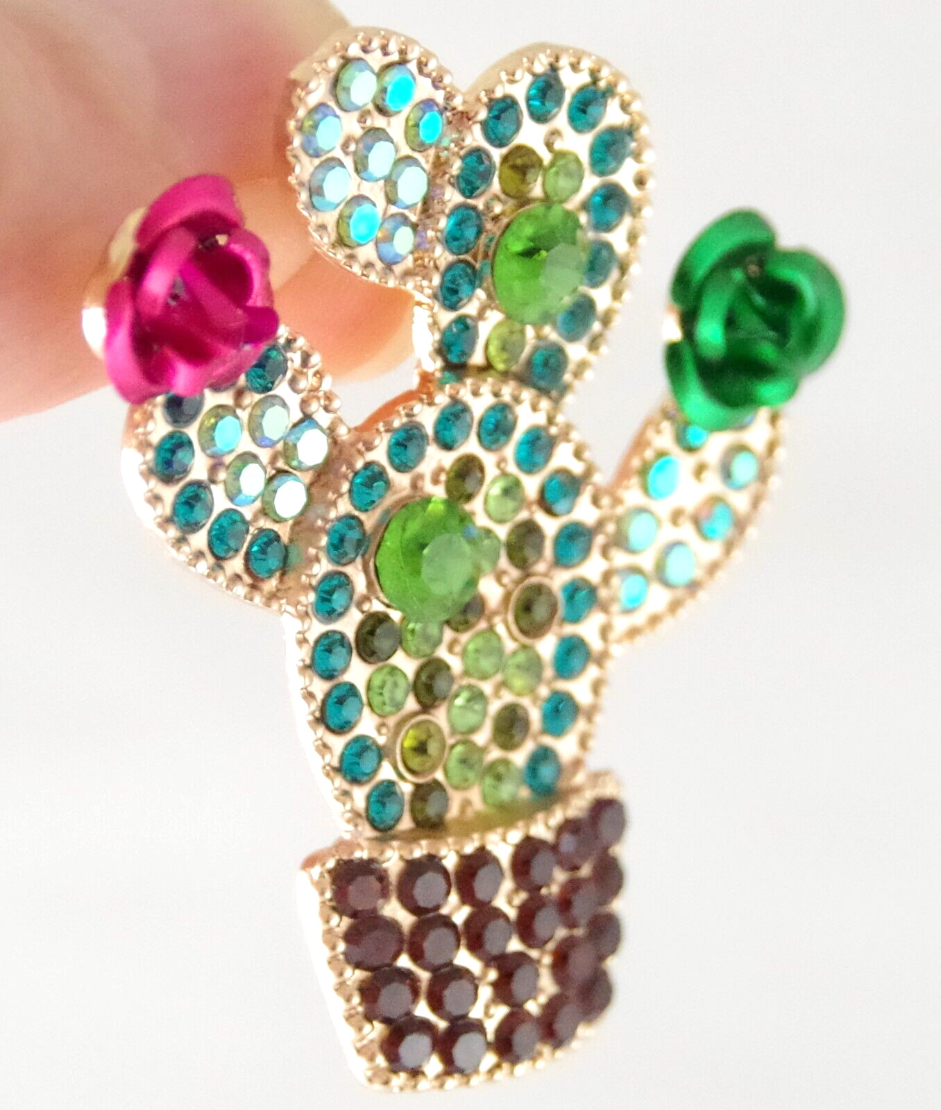 1.75″ BETSEY JOHNSON CRYSTAL RHINESTONE CACTI w 3D METAL CACTUS FLOWERS EARRINGS