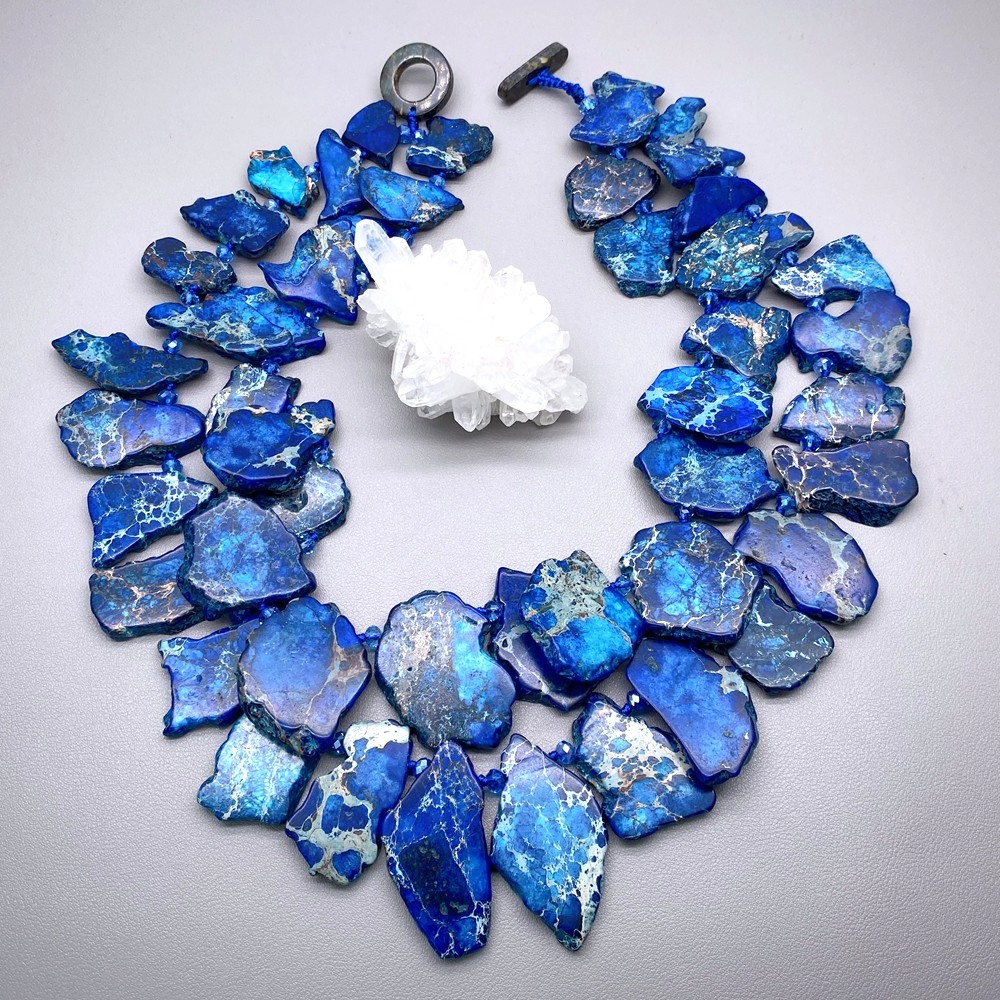 2 Strands Deep Blue Sea Sediment Jasper Statement Necklace Style Fashion Jewelry