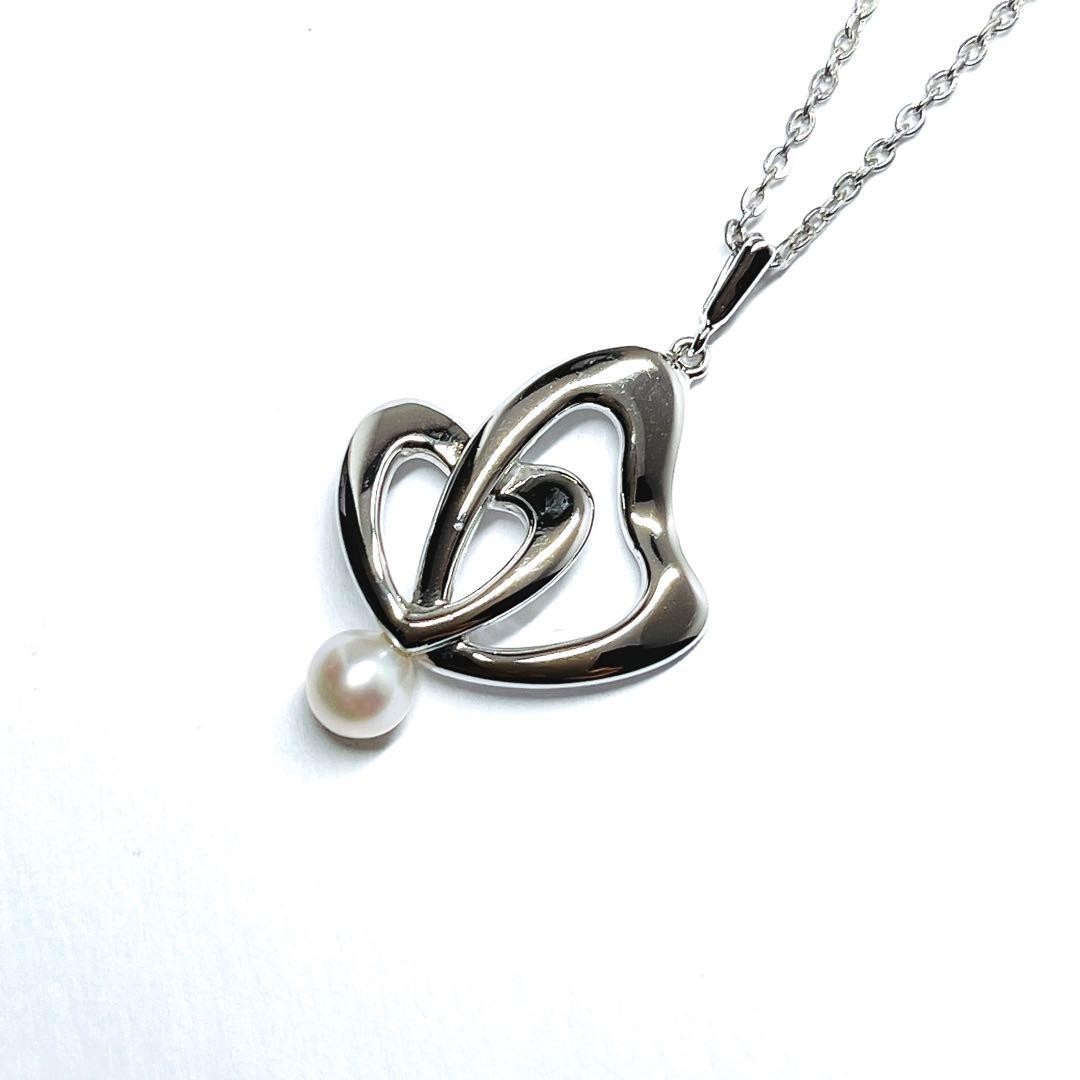 MIKIMOTO Pearl Double Heart Necklace 4.9mm Silver 3.7g From Japan